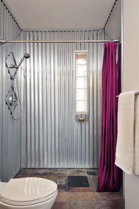 sheet metal bathroom walls|corrugated metal outdoor shower walls.